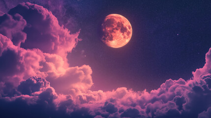 Fototapeta premium shining moon in mauve pastel pink orange clouds sky at night