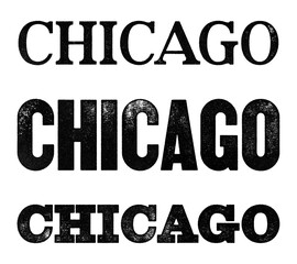 Chicago city name written in distressed vintage serif, sans serif and slab serif styles isolated on transparent background