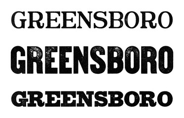 Greensboro city name written in distressed vintage serif, sans serif and slab serif styles isolated on transparent background