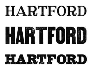 Hartford city name written in distressed vintage serif, sans serif and slab serif styles isolated on transparent background