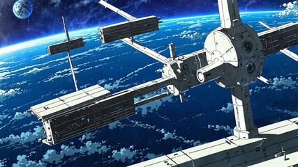 Obraz premium cosmic space station an enormous space station orbitin anime