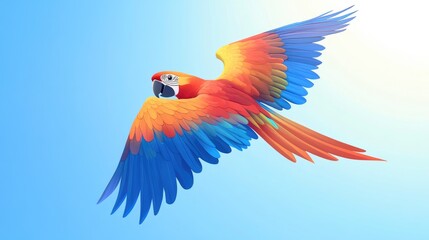 Fototapeta premium Happy cartoon parrot with multicolored feathers, flying through a clear blue sky