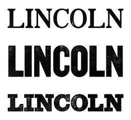 Lincoln city name written in distressed vintage serif, sans serif and slab serif styles isolated on transparent background