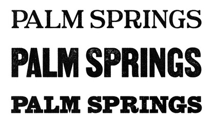 Palm Springs city name written in distressed vintage serif, sans serif and slab serif styles isolated on transparent background