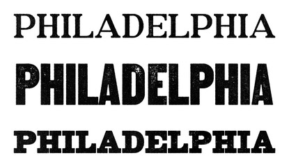 Philadelphia city name written in distressed vintage serif, sans serif and slab serif styles isolated on transparent background