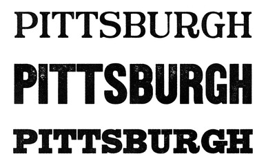 Pittsburgh city name written in distressed vintage serif, sans serif and slab serif styles isolated on transparent background