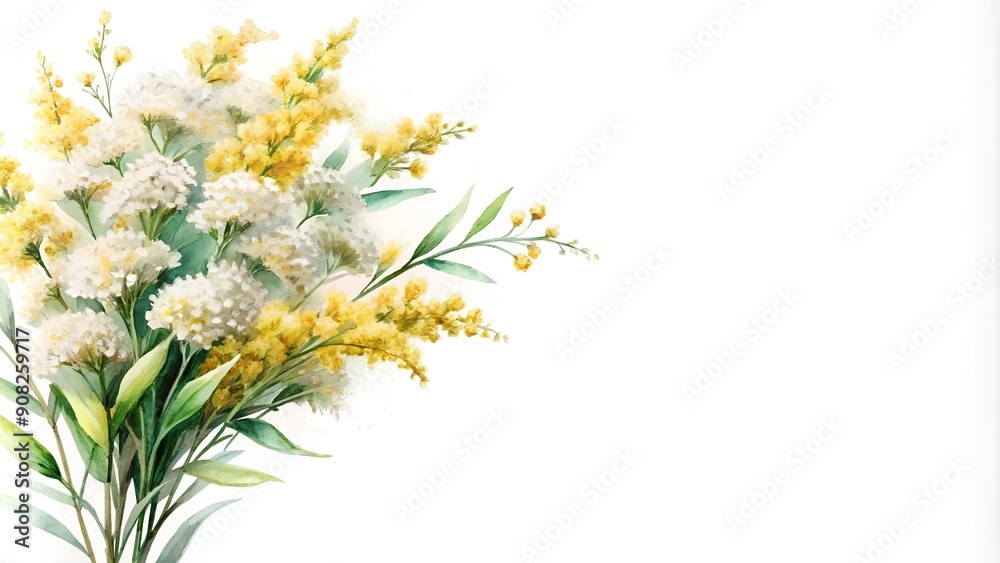 Sticker Whispers of Gold: A Minimalist Watercolor Bouquet of White Goldenrod  AI Generated