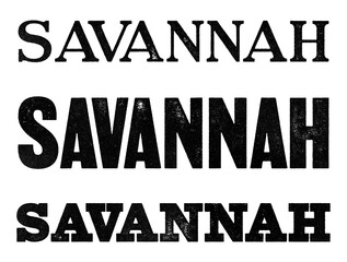 Savannah city name written in distressed vintage serif, sans serif and slab serif styles isolated on transparent background