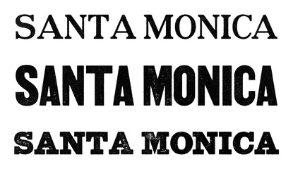 Santa Monica city name written in distressed vintage serif, sans serif and slab serif styles isolated on transparent background