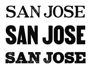 San Jose city name written in distressed vintage serif, sans serif and slab serif styles isolated on transparent background