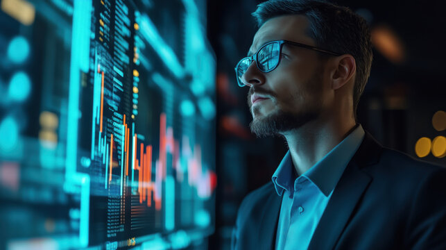 Ai cyber security risks, digital stock market concept Male IT specialist coder analysing data information technology danger threats AR blue code rain