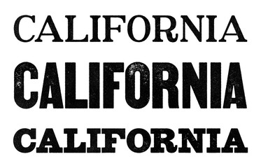 California state name written in distressed vintage serif, sans serif and slab serif styles isolated on transparent background