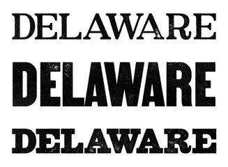 Delaware state name written in distressed vintage serif, sans serif and slab serif styles isolated on transparent background