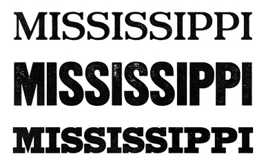 Mississippi state name written in distressed vintage serif, sans serif and slab serif styles isolated on transparent background