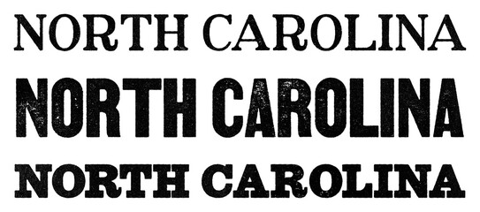 North Carolina state name written in distressed vintage serif, sans serif and slab serif styles isolated on transparent background