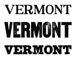 Vermont state name written in distressed vintage serif, sans serif and slab serif styles isolated on transparent background