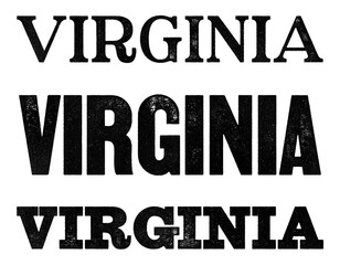 Virginia state name written in distressed vintage serif, sans serif and slab serif styles isolated on transparent background