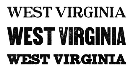 West Virginia state name written in distressed vintage serif, sans serif and slab serif styles isolated on transparent background