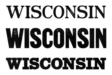 Wisconsin state name written in distressed vintage serif, sans serif and slab serif styles isolated on transparent background