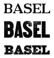 Basel city name written in distressed vintage serif, sans serif and slab serif styles isolated on transparent background