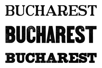 Bucharest city name written in distressed vintage serif, sans serif and slab serif styles isolated on transparent background
