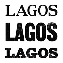 Lagos city name written in distressed vintage serif, sans serif and slab serif styles isolated on transparent background