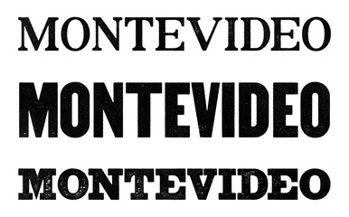 Montevideo city name written in distressed vintage serif, sans serif and slab serif styles isolated on transparent background