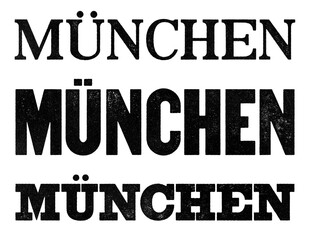 München (Munich) city name written in distressed vintage serif, sans serif and slab serif styles isolated on transparent background