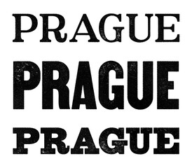 Prague city name written in distressed vintage serif, sans serif and slab serif styles isolated on transparent background