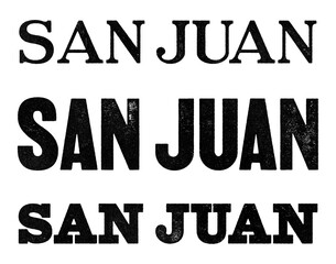 San Juan city name written in distressed vintage serif, sans serif and slab serif styles isolated on transparent background