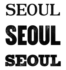 Seoul city name written in distressed vintage serif, sans serif and slab serif styles isolated on transparent background
