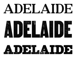 Adelaide city name written in distressed vintage serif, sans serif and slab serif styles isolated on transparent background