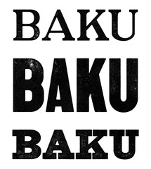 Baku city name written in distressed vintage serif, sans serif and slab serif styles isolated on transparent background