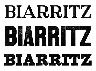 Biarritz city name written in distressed vintage serif, sans serif and slab serif styles isolated on transparent background