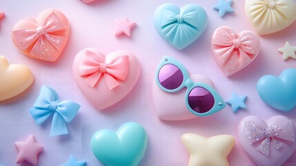 Whimsical hearts and stars in pastel colors with stylish accessories like sunglasses and bows. Ideal for Valentine's gifts.