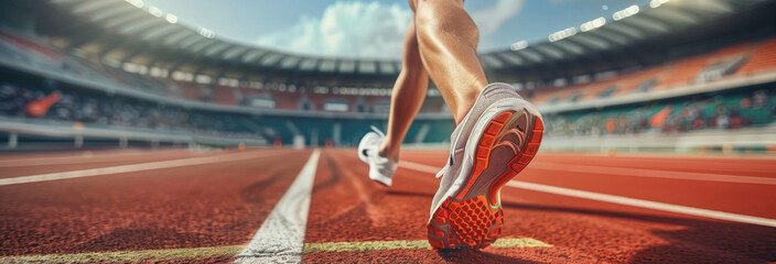 Athlete running on racetrack at stadium. Close up of athlete legs.