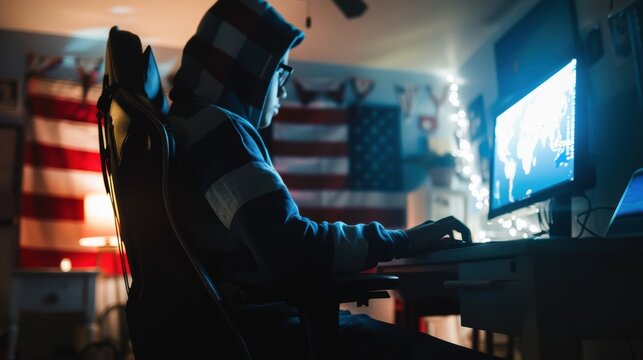Young programmer codes late at night in his cozy bedroom office, surrounded by technology and immersed in the digital world, with the american flag in the background