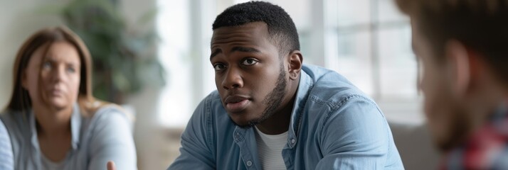 African American man with a positive attitude discussing his struggles with alcoholism in a group therapy session at a rehabilitation center