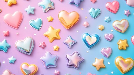Colorful stickers with Y2K flair, including playful ribbons, hearts, and stars in pastel and metallic colors. Perfect for scrapbooks.