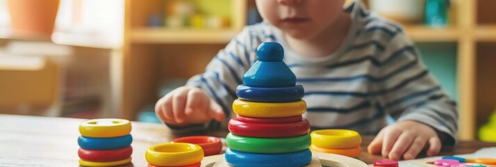 Child engaging in fine motor skills activity with colorful wooden rings a Montessori inspired educational task for brain stimulation and development Educational play incorporating counting