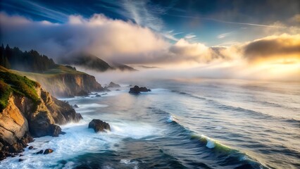 The Foggy Seascape: A Coastal Landscape of Foggy Mystery  AI generated