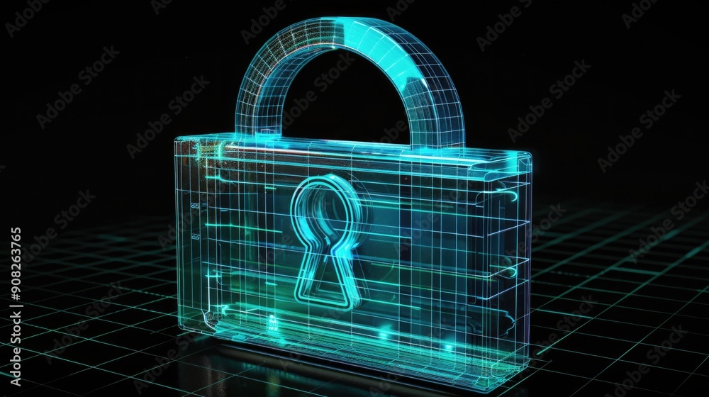 Poster A detailed illustration of a 3D lock with a key inserted, perfect for illustrating security and protection concepts