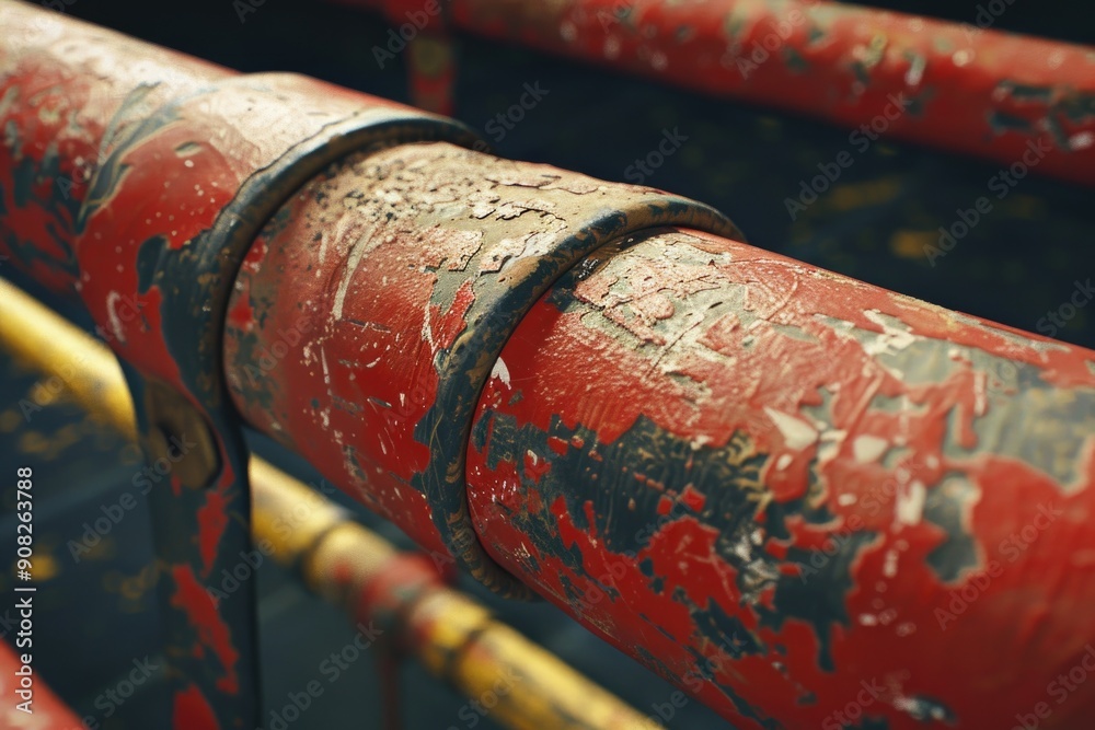 Sticker A detailed view of a bright red metal pipe with threads and flanges