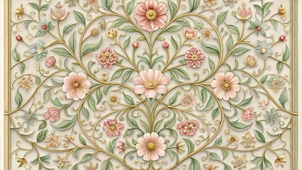 Whimsical Floral Tapestry: A Square Panel of Delicate Blossoms and Curving Vines  Generative AI