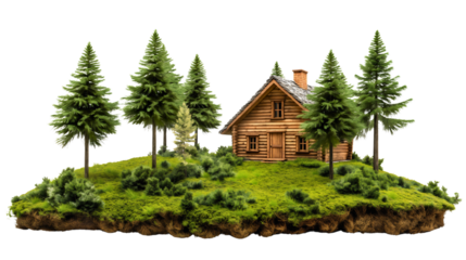 Wooden cabin house home building in forest nature surrounded by green trees isolated on transparent background. Outdoor woods cottage travel adventure, summer mountain camp, countryside chalet
