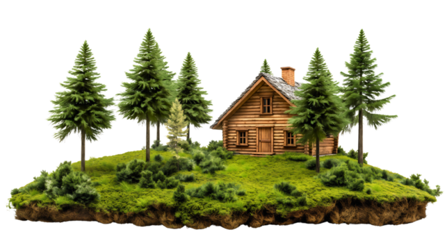Wooden cabin house home building in forest nature surrounded by green trees isolated on transparent background. Outdoor woods cottage travel adventure, summer mountain camp, countryside chalet