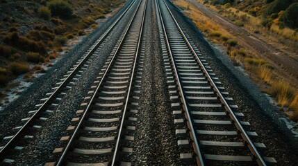 Fototapeta premium Endless railroad tracks disappearing into the distance under the warm glow of the sun