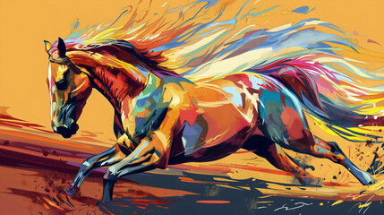 Abstract colorful horse animal running artwork illustration. Beautiful wild equestrian wallpaper, gallop painting poster, power and speed