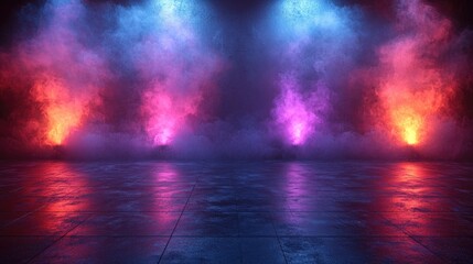Fototapeta premium Futuristic Sci-Fi Abstract Blue And Purple Neon Light Shapes On a Black Background And Reflective Concrete With Empty Space For Text 3D Rendering