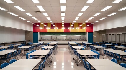 Empty School Cafeteria with Rows of Tables and Chairs